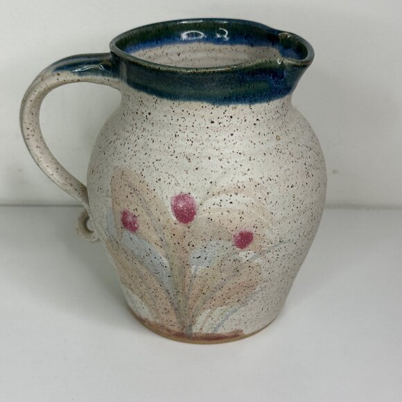 Russell Wood Speckled Ceramic Pitcher With Hand-Painted Floral Design & Blue Rim - Picture 3 of 10